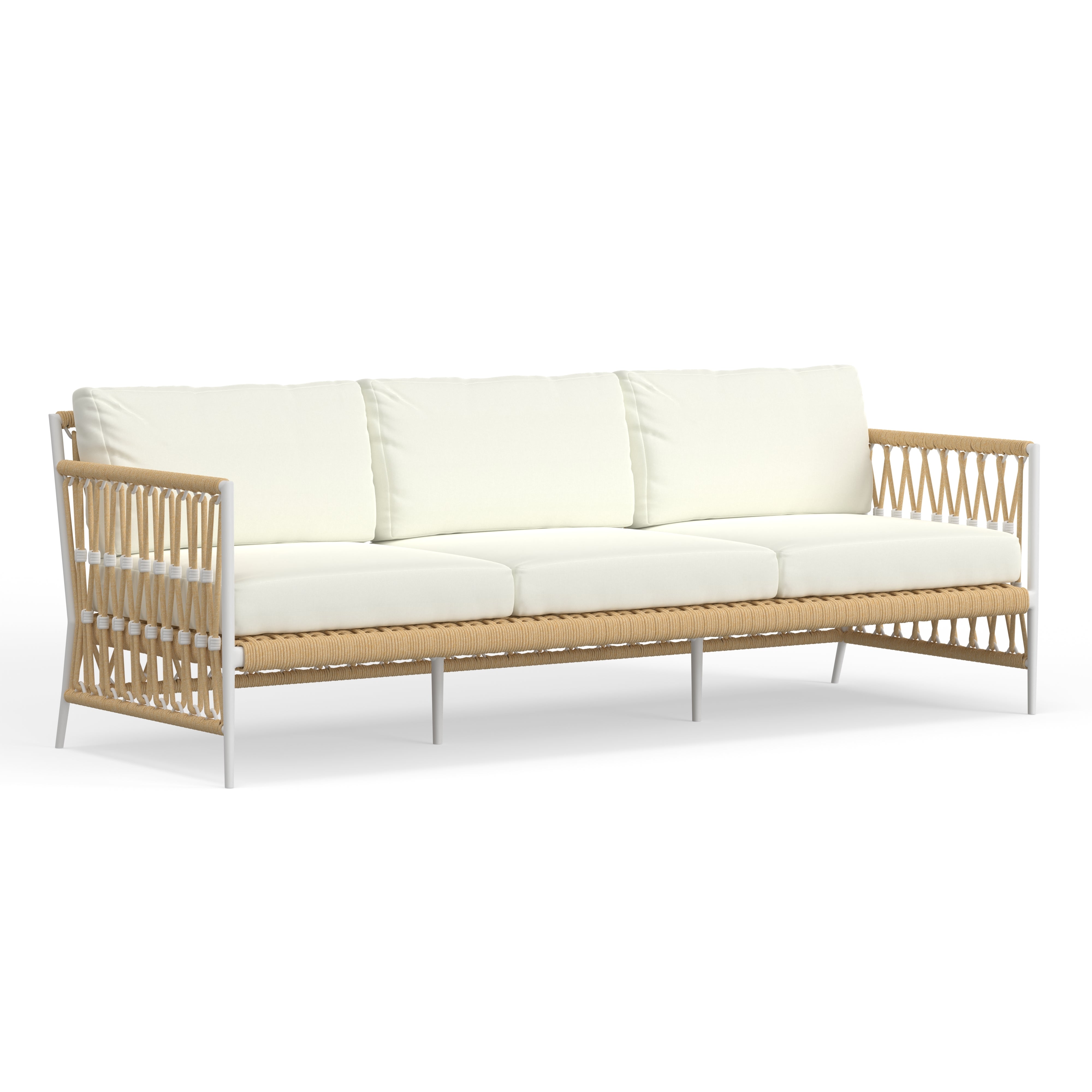 Best Quality Luxury Outdoor Sofa Featured In White Powder Coated Aluminum And Weatherproof UV Resistant Rope.