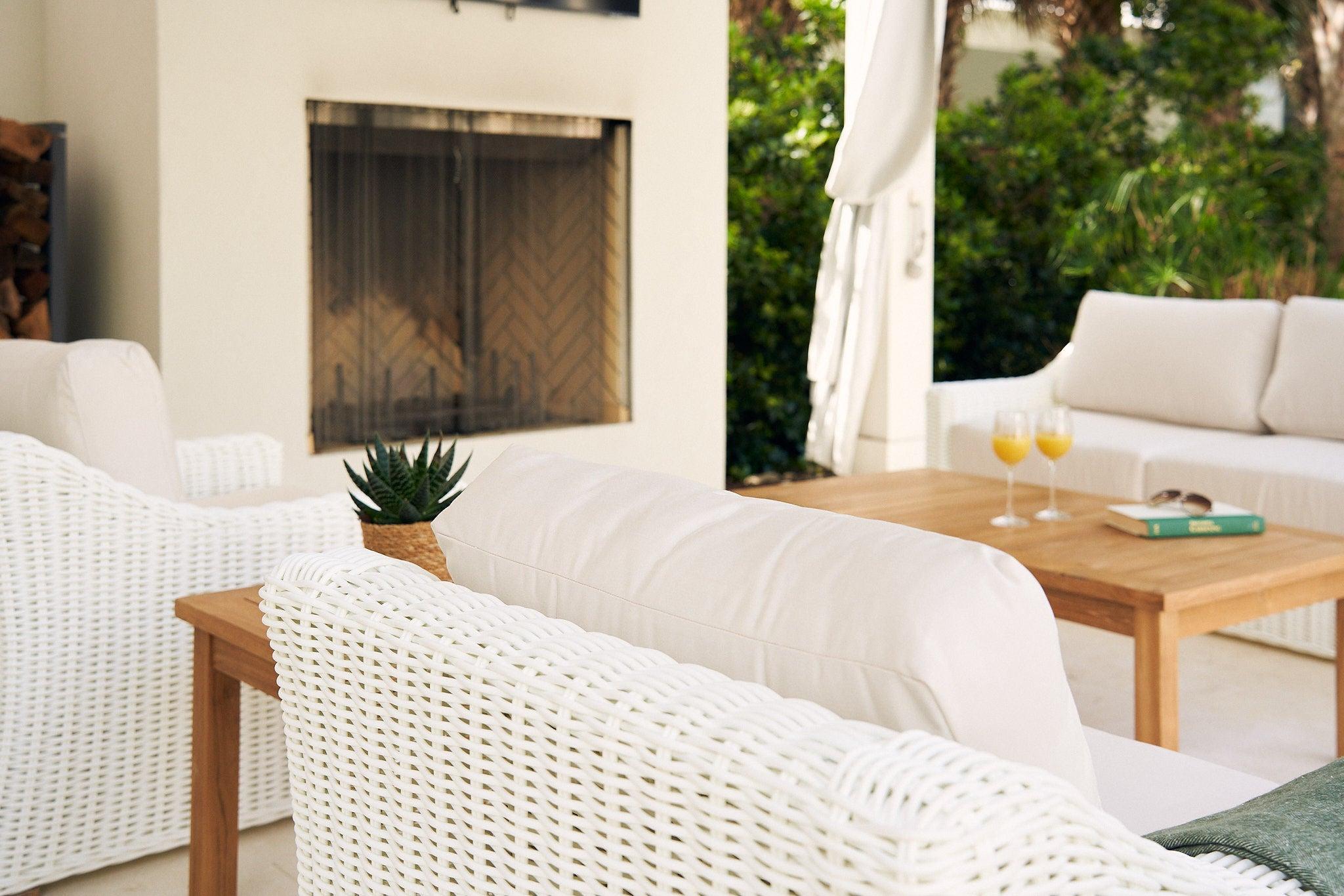 White Wicker Outdoor Sofa, Club Chairs And Coffee Table