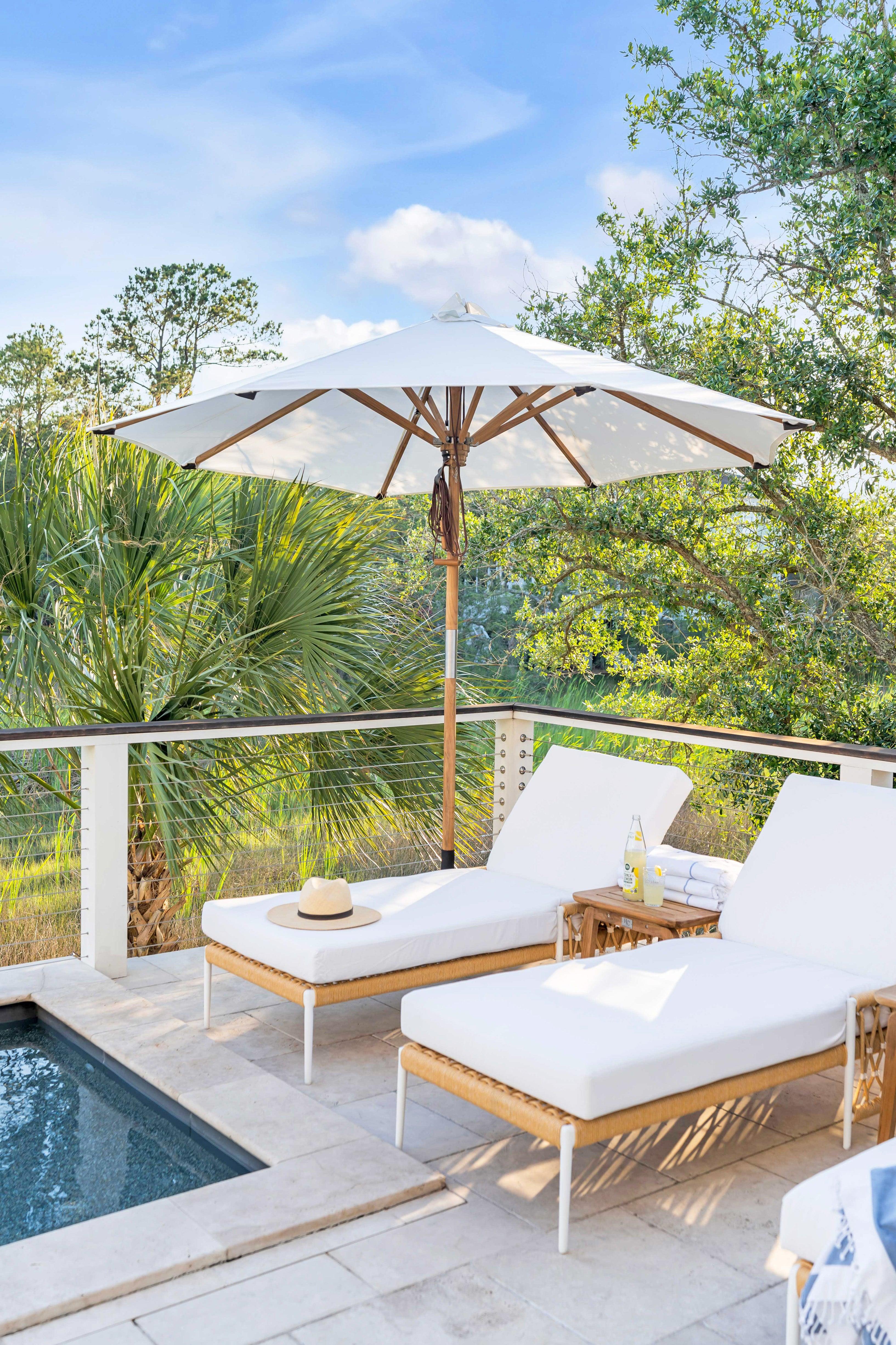 Most Comfortable Outdoor Chaise Lounge Set Featured In White Aluminum, UV Resistant Rope And Sunbrella Cushions.