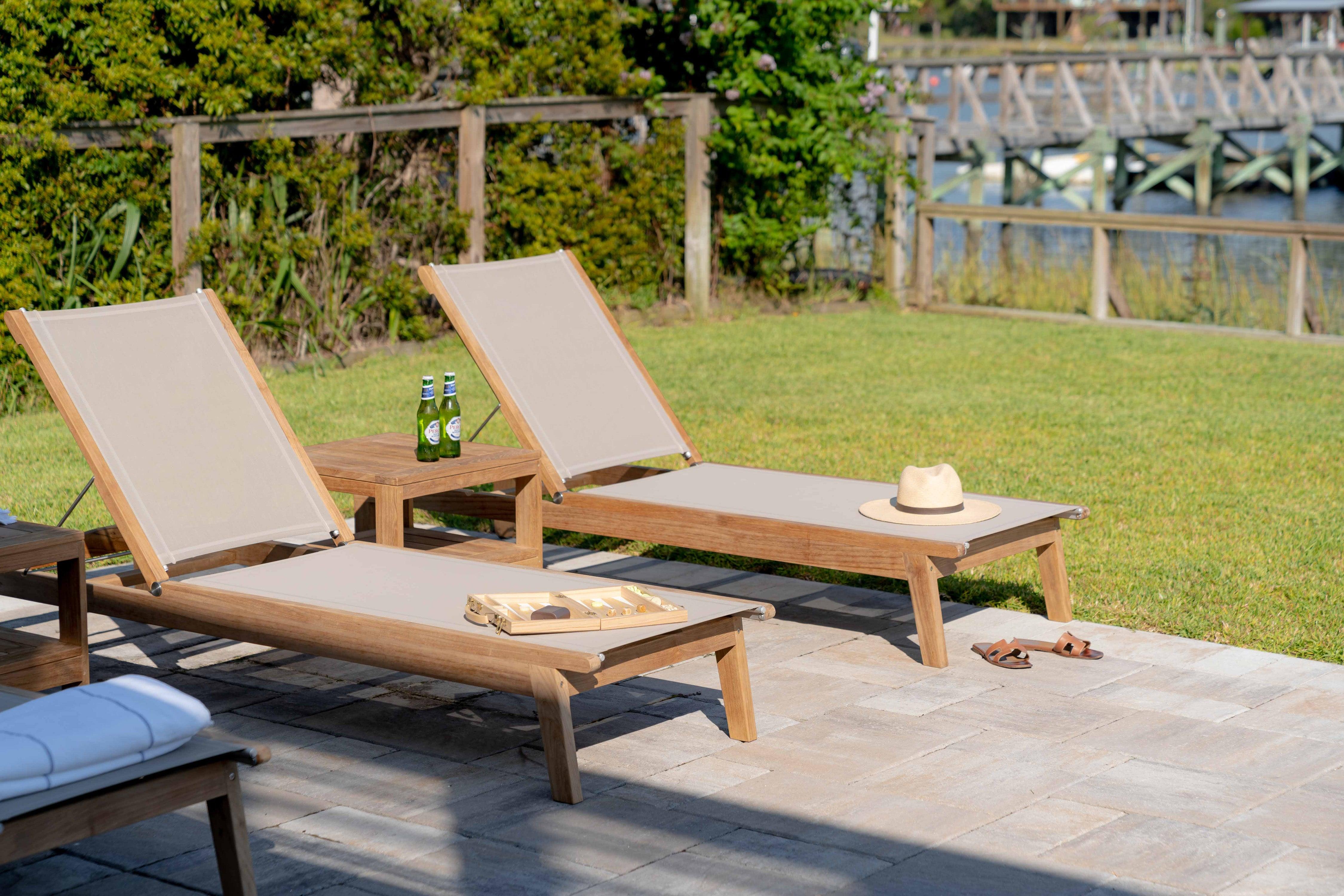 Durable outdoor teak sun loungers